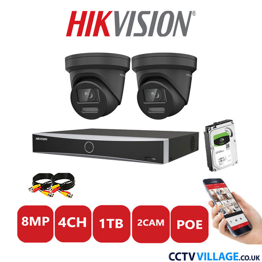 Hikvision 8MP IP CCTV Kit 4 Channel NVR-DS7604NXI-K1/4P with 2x Turret Cameras DS-2CD2387G2-LSU/SL Black 1TB HDD Full Kit