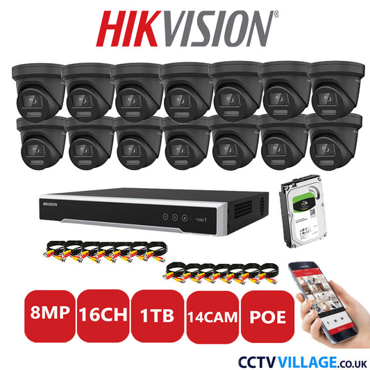 Hikvision 8MP IP CCTV System 16 Channel NVR-DS7616NI-I2/16P with 14x Turret DS-2CD2387G2-LSU/SL Black 1TB HDD Full Kit