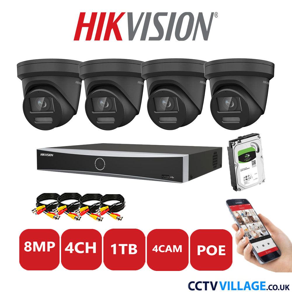 Hikvision 8MP IP CCTV Kit 4 Channel NVR-DS7604NXI-K1/4P with 4x Turret Cameras DS-2CD2387G2-LSU/SL Black 1TB HDD Full Kit