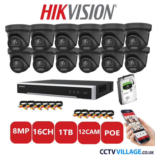 Hikvision 8MP IP CCTV System 16 Channel NVR-DS7616NI-I2/16P with 12x Turret DS-2CD2387G2-LSU/SL Black 1TB HDD Full Kit