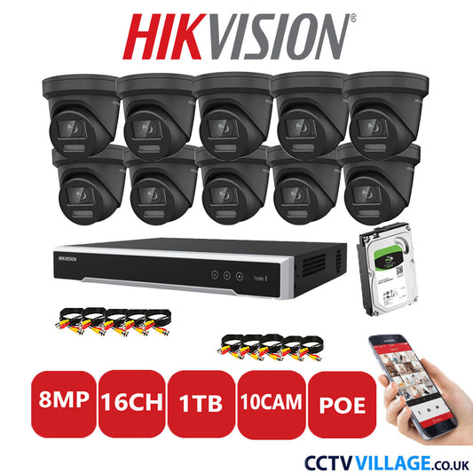 Hikvision 8MP IP CCTV System 16 Channel NVR-DS7616NI-I2/16P with 10x Turret DS-2CD2387G2-LSU/SL Black 1TB HDD Full Kit