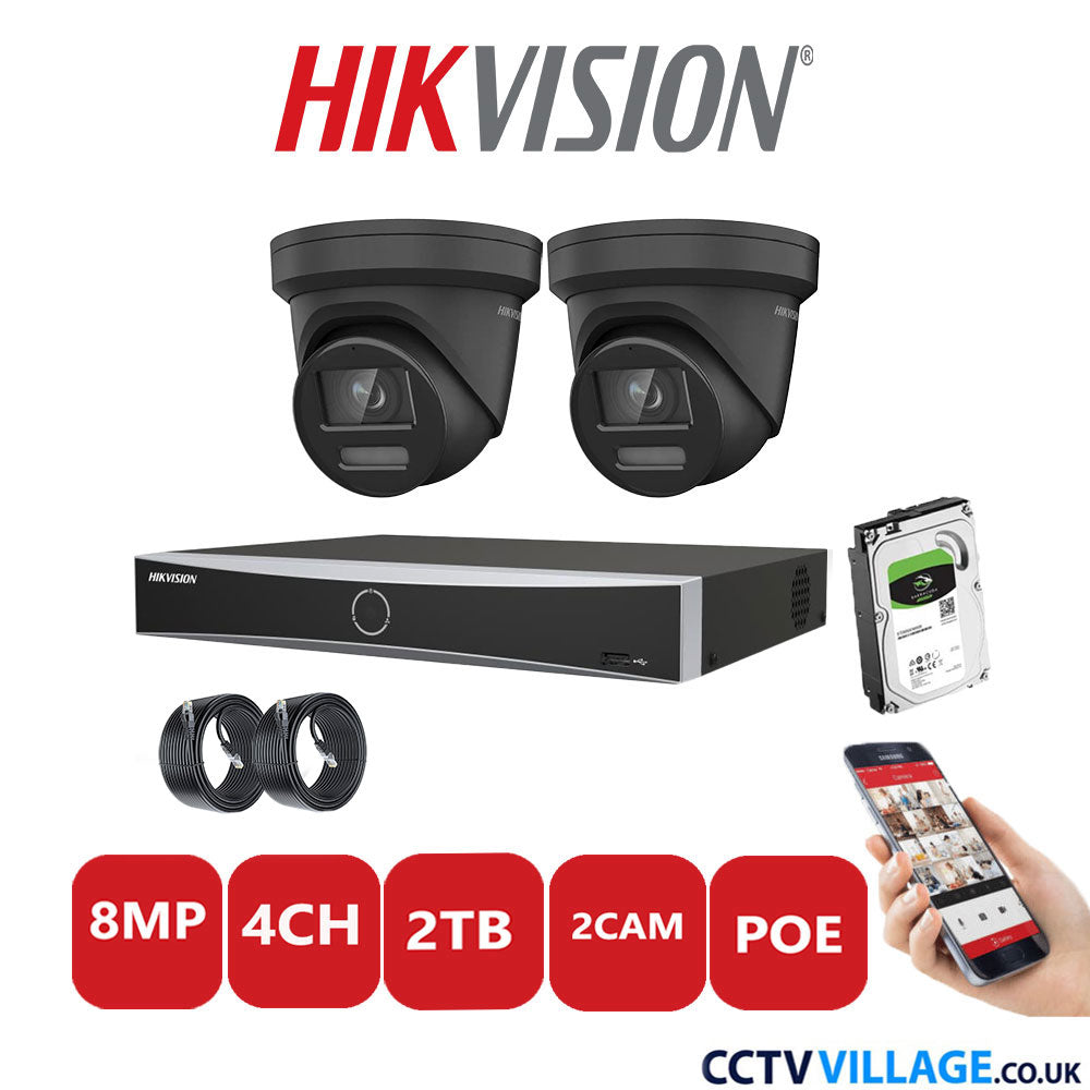 Hikvision 8MP IP CCTV System 4 Channel NVR-DS7604NXI-K1/4P with 2x Turret Cameras DS-2CD2387G2-LSU/SL Black 2TB HDD Full Kit