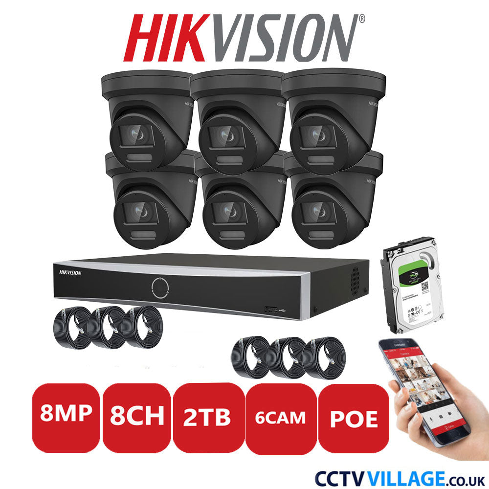 Hikvision 8MP IP CCTV System 8 Channel NVR-DS7608NXI-K1/8P with 6x Turret Cameras DS-2CD2387G2-LSU/SL Black 2TB HDD Full Kit