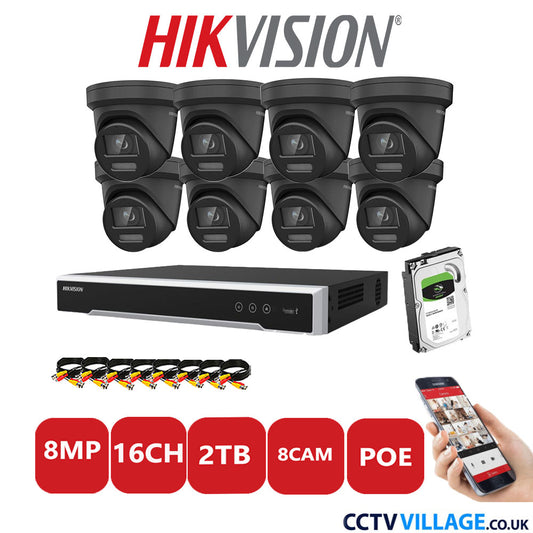 Hikvision 8MP IP CCTV System 16 Channel NVR-DS7616NI-I2/16P with 8x Turret DS-2CD2387G2-LSU/SL Black 2TB HDD Full Kit