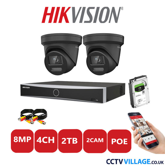 Hikvision 8MP IP CCTV Kit 4 Channel NVR-DS7604NXI-K1/4P with 2x Turret Cameras DS-2CD2387G2-LSU/SL Black 2TB HDD Full Kit