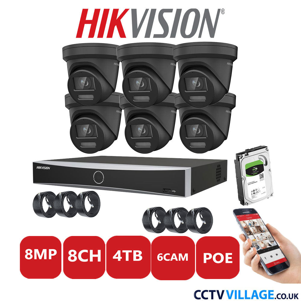 Hikvision 8MP IP CCTV System 8 Channel NVR-DS7608NXI-K1/8P with 6x Turret Cameras DS-2CD2387G2-LSU/SL Black 4TB HDD Full Kit