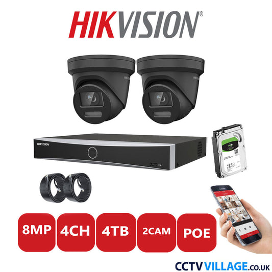 Hikvision 8MP IP CCTV System 4 Channel NVR-DS7604NXI-K1/4P with 2x Turret Cameras DS-2CD2387G2-LSU/SL Black 4TB HDD Full Kit