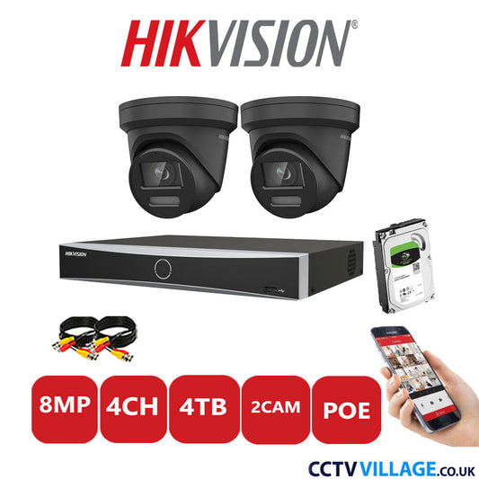 Hikvision 8MP IP CCTV Kit 4 Channel NVR-DS7604NXI-K1/4P with 2x Turret Cameras DS-2CD2387G2-LSU/SL Black 4TB HDD Full Kit