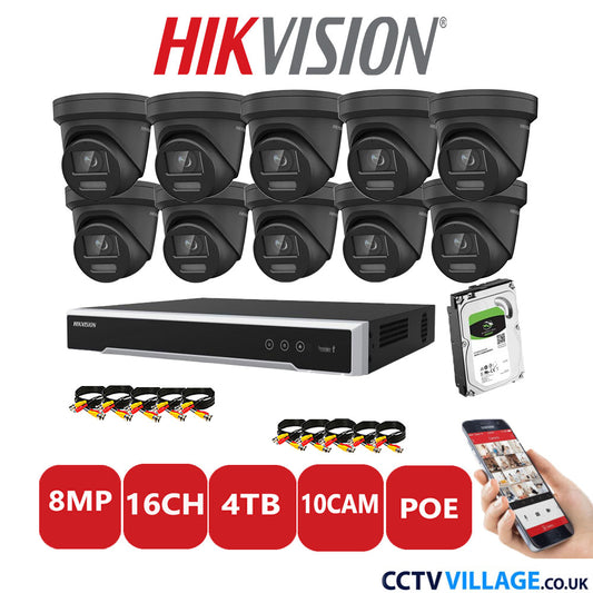 Hikvision 8MP IP CCTV System 16 Channel NVR-DS7616NI-I2/16P with 10x Turret DS-2CD2387G2-LSU/SL Black 4TB HDD Full Kit