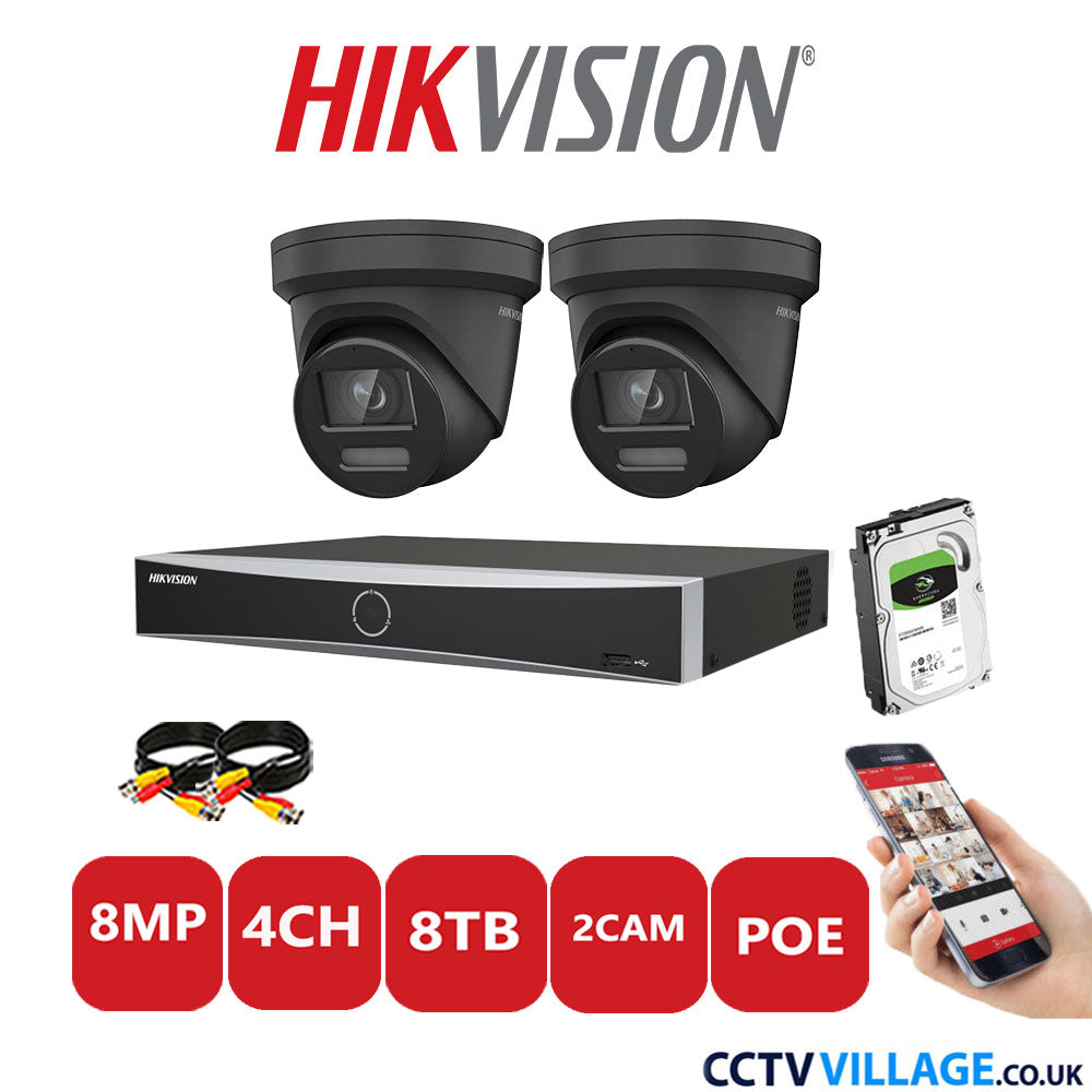 Hikvision 8MP CCTV Kit 4 Channel NVR-DS7604NXI-K1/4P with 2x Turret Cameras DS-2CD2387G2-LSU/SL Black 8TB HDD Full Kit