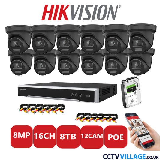 Hikvision 8MP IP CCTV System 16 Channel NVR-DS7616NI-I2/16P with 12x Turret DS-2CD2387G2-LSU/SL Black 8TB HDD Full Kit