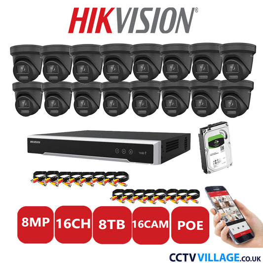 Hikvision 8MP IP CCTV System 16 Channel NVR-DS7616NI-I2/16P with 16x Turret DS-2CD2387G2-LSU/SL Black 8TB HDD Full Kit