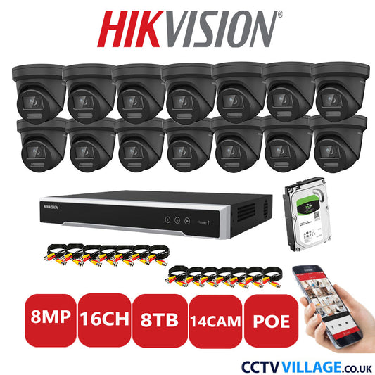 Hikvision 8MP IP CCTV System 16 Channel NVR-DS7616NI-I2/16P with 14x Turret DS-2CD2387G2-LSU/SL Black 8TB HDD Full Kit