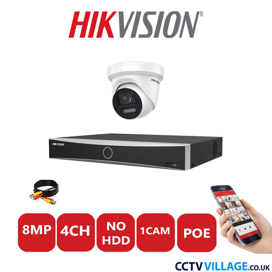 Hikvision 8MP IP CCTV Kit 4 Channel NVR-DS7604NXI-K1/4P with 1x Turret Camera DS-2CD2387G2-LSU/SL White No HDD Full Kit