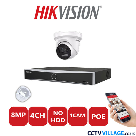 Hikvision 8MP IP CCTV System 4 Channel NVR-DS7604NXI-K1/4P with 1x Turret Camera DS-2CD2387G2-LSU/SL White No HDD Full Kit