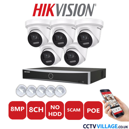 Hikvision 8MP IP CCTV System 8 Channel NVR-DS7608NXI-K1/8P with 5x Turret Cameras DS-2CD2387G2-LSU/SL White No HDD Full Kit