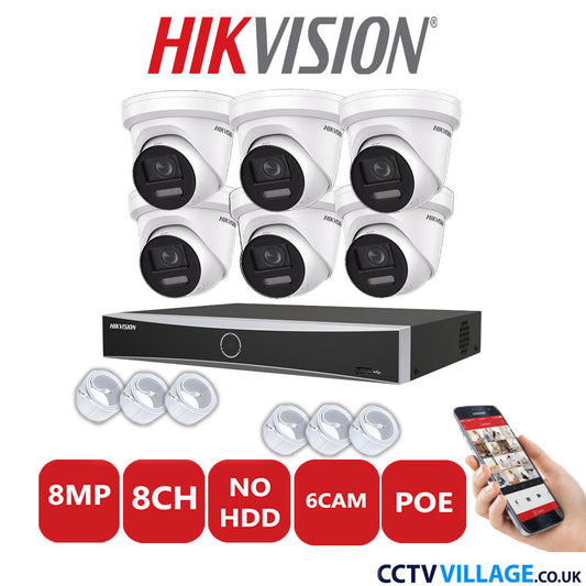 Hikvision 8MP IP CCTV System 8 Channel NVR-DS7608NXI-K1/8P with 6x Turret Cameras DS-2CD2387G2-LSU/SL White No HDD Full Kit