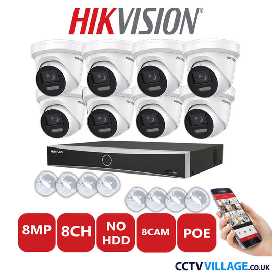 Hikvision 8MP IP CCTV System 8 Channel NVR-DS7608NXI-K1/8P with 8x Turret Cameras DS-2CD2387G2-LSU/SL White No HDD Full Kit