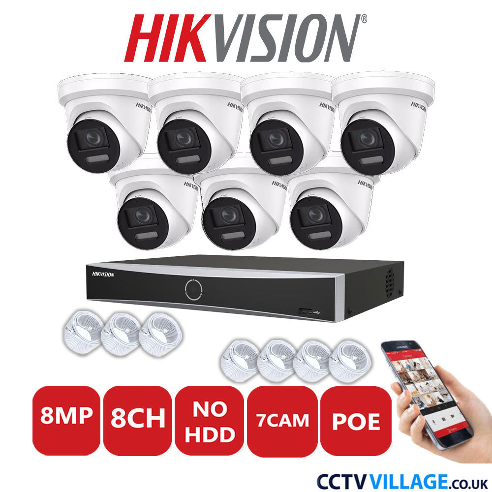 Hikvision 8MP IP CCTV System 8 Channel NVR-DS7608NXI-K1/8P with 7x Turret Cameras DS-2CD2387G2-LSU/SL White No HDD Full Kit