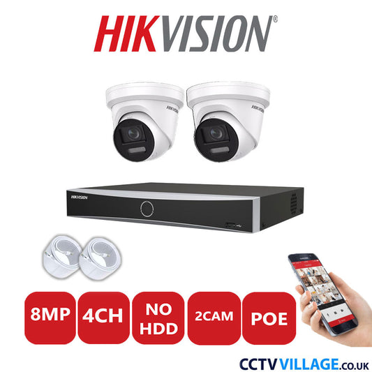 Hikvision 8MP IP CCTV System 4 Channel NVR-DS7604NXI-K1/4P with 2x Turret Cameras DS-2CD2387G2-LSU/SL White No HDD Full Kit