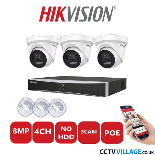 Hikvision 8MP IP CCTV System 4 Channel NVR-DS7604NXI-K1/4P with 3x Turret Cameras DS-2CD2387G2-LSU/SL White No HDD Full Kit