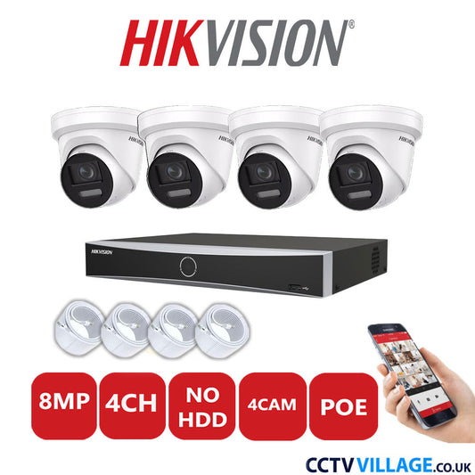 Hikvision 8MP IP CCTV System 4 Channel NVR-DS7604NXI-K1/4P with 4x Turret Cameras DS-2CD2387G2-LSU/SL White No HDD Full Kit