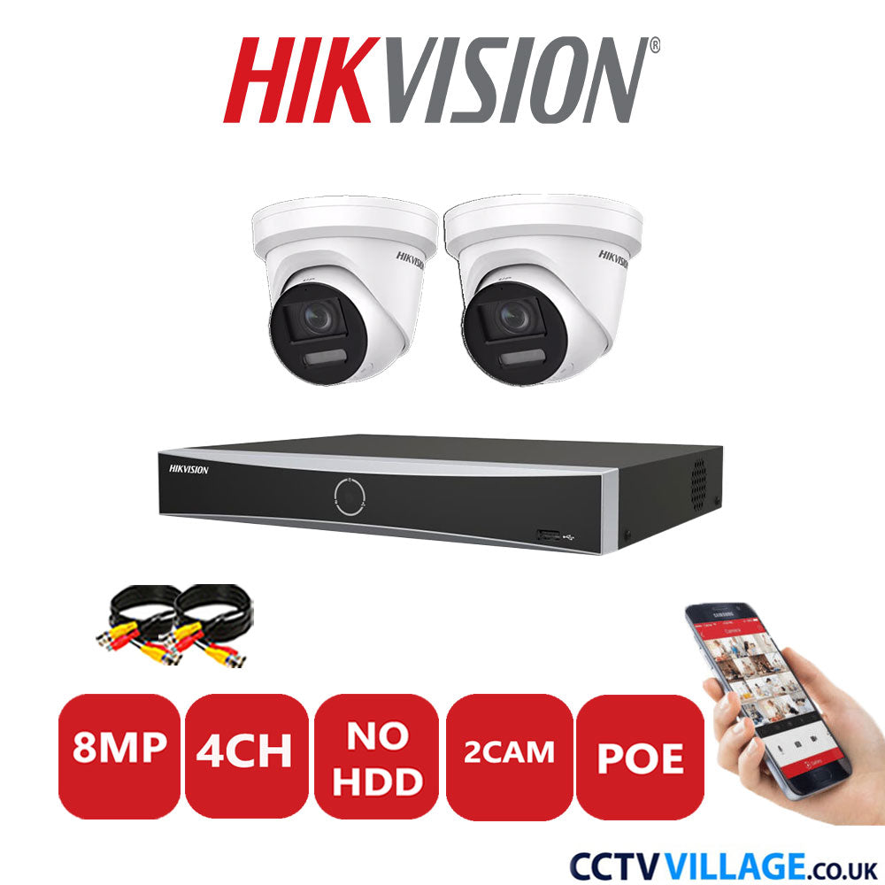 Hikvision 8MP IP CCTV Kit 4 Channel NVR-DS7604NXI-K1/4P with 2x Turret Cameras DS-2CD2387G2-LSU/SL White No HDD Full Kit