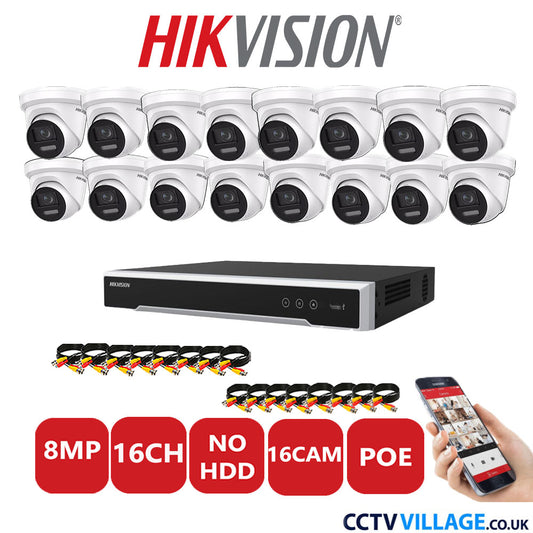 Hikvision 8MP IP CCTV System 16 Channel NVR-DS7616NI-I2/16P with 16x Turret DS-2CD2387G2-LSU/SL White No HDD Full Kit