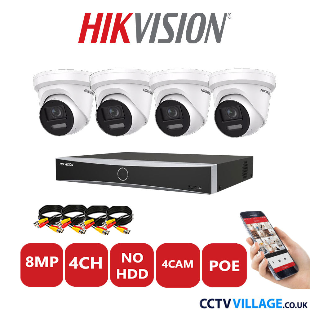 Hikvision 8MP IP CCTV Kit 4 Channel NVR-DS7604NXI-K1/4P with 4x Turret Cameras DS-2CD2387G2-LSU/SL White No HDD Full Kit