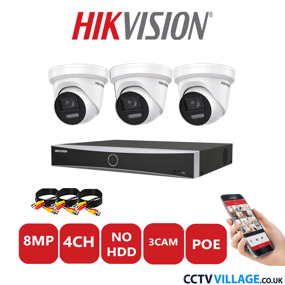 Hikvision 8MP IP CCTV Kit 4 Channel NVR-DS7604NXI-K1/4P with 3x Turret Cameras DS-2CD2387G2-LSU/SL White No HDD Full Kit