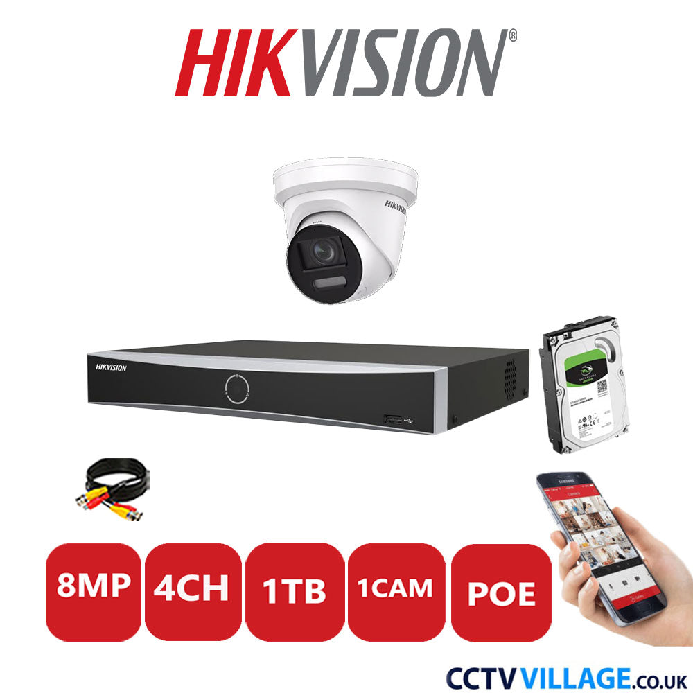 Hikvision 8MP IP CCTV Kit 4 Channel NVR-DS7604NXI-K1/4P with 1x Turret Camera DS-2CD2387G2-LSU/SL White 1TB HDD Full Kit