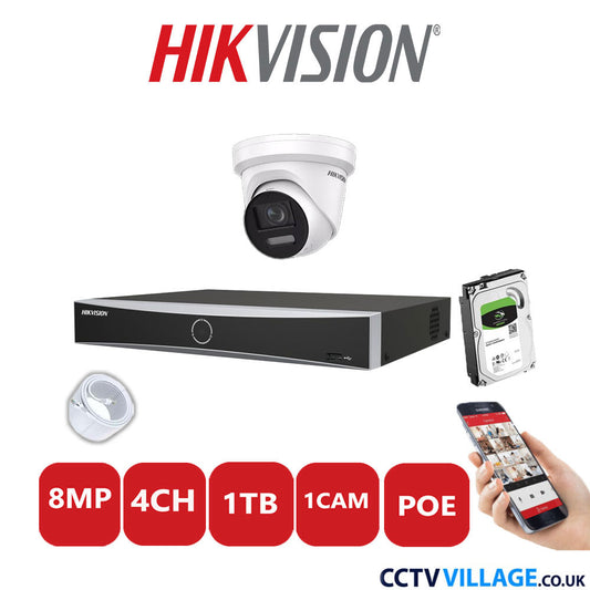 Hikvision 8MP IP CCTV System 4 Channel NVR-DS7604NXI-K1/4P with 1x Turret Camera DS-2CD2387G2-LSU/SL White 1TB HDD Full Kit