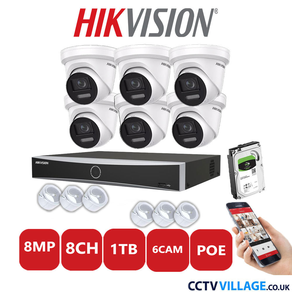 Hikvision 8MP IP CCTV System  8 Channel NVR-DS7608NXI-K1/8P with 6x Turret Cameras DS-2CD2387G2-LSU/SL White 1TB HDD Full Kit