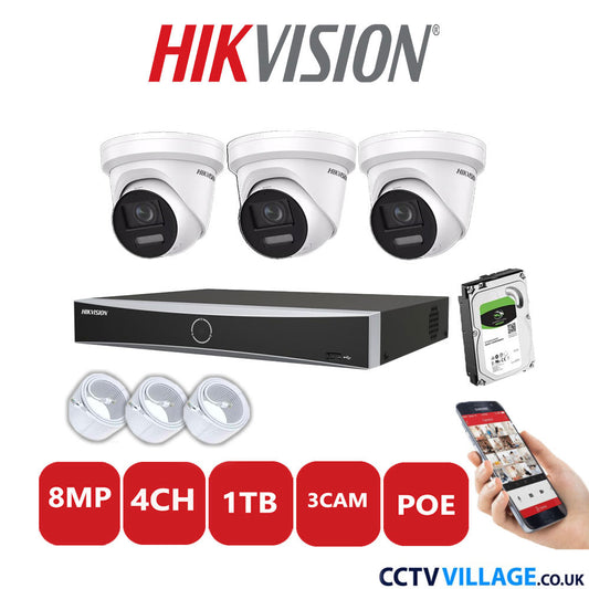 Hikvision 8MP IP CCTV System 4 Channel NVR-DS7604NXI-K1/4P with 3x Turret Cameras DS-2CD2387G2-LSU/SL White 1TB HDD Full Kit