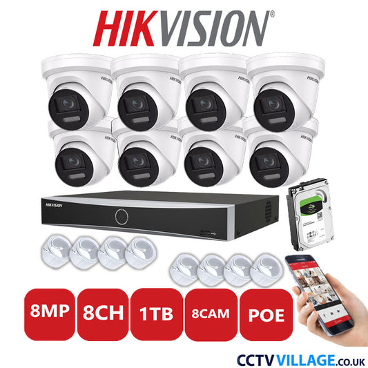 Hikvision 8MP IP CCTV System 8 Channel NVR-DS7608NXI-K1/8P with 8x Turret Cameras DS-2CD2387G2-LSU/SL White 1TB HDD Full Kit