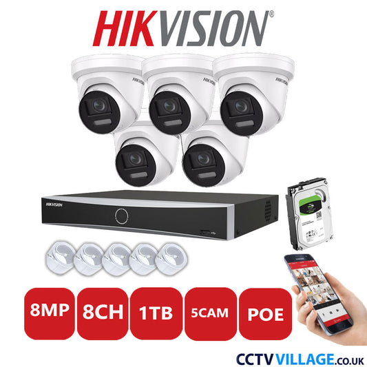 Hikvision 8MP IP CCTV System 8 Channel NVR-DS7608NXI-K1/8P with 5x Turret Cameras DS-2CD2387G2-LSU/SL White 1TB HDD Full Kit