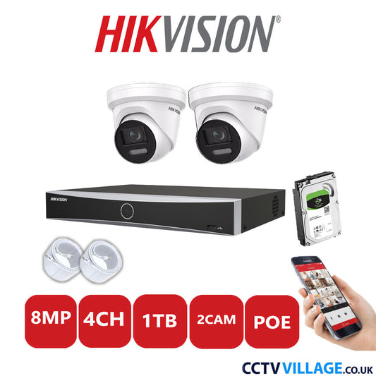 Hikvision 8MP IP CCTV System 4 Channel NVR-DS7604NXI-K1/4P with 2x Turret Cameras DS-2CD2387G2-LSU/SL White 1TB HDD Full Kit