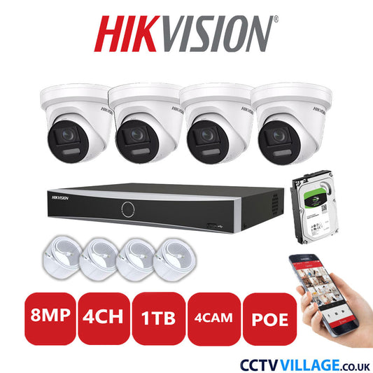 Hikvision 8MP IP CCTV System 4 Channel NVR-DS7604NXI-K1/4P with 4x Turret Cameras DS-2CD2387G2-LSU/SL White 1TB HDD Full Kit