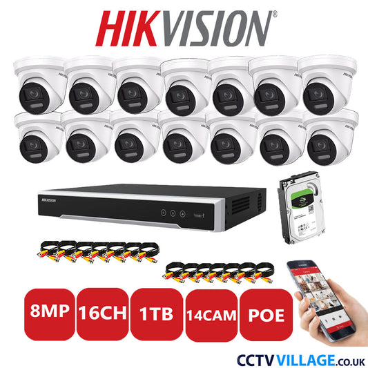 Hikvision 8MP IP CCTV System 16 Channel NVR-DS7616NI-I2/16P with 14x Turret DS-2CD2387G2-LSU/SL White 1TB HDD Full Kit