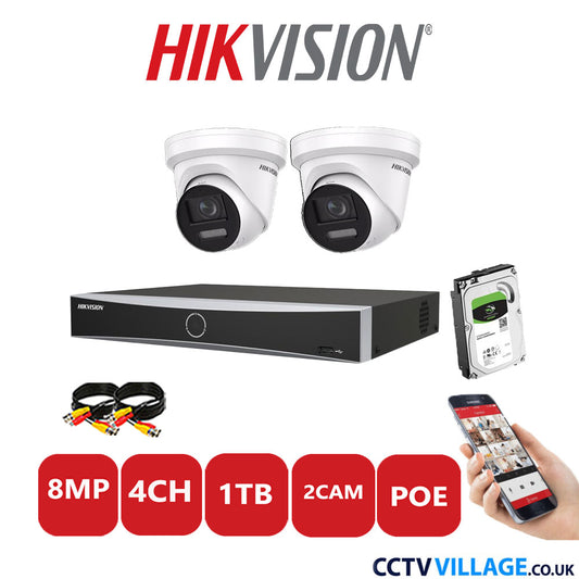 Hikvision 8MP IP CCTV Kit 4 Channel NVR-DS7604NXI-K1/4P with 2x Turret Cameras DS-2CD2387G2-LSU/SL White 1TB HDD Full Kit