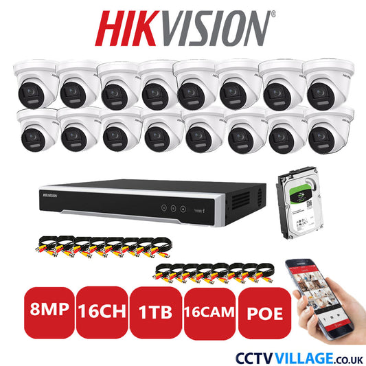 Hikvision 8MP IP CCTV System 16 Channel NVR-DS7616NI-I2/16P with 16x Turret DS-2CD2387G2-LSU/SL White 1TB HDD Full Kit