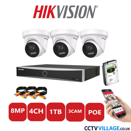 Hikvision 8MP IP CCTV Kit 4 Channel NVR-DS7604NXI-K1/4P with 3x Turret Cameras DS-2CD2387G2-LSU/SL White 1TB HDD Full Kit