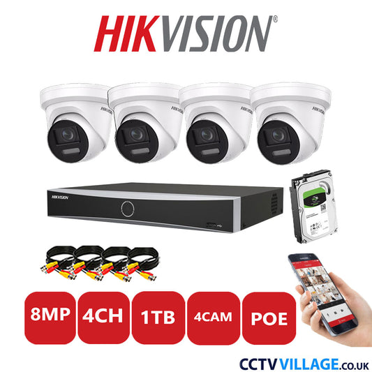 Hikvision 8MP IP CCTV Kit 4 Channel NVR-DS7604NXI-K1/4P with 4x Turret Cameras DS-2CD2387G2-LSU/SL White 1TB HDD Full Kit