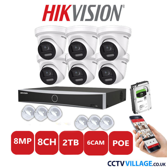 Hikvision 8MP IP CCTV System 8 Channel NVR-DS7608NXI-K1/8P with 6x Turret Cameras DS-2CD2387G2-LSU/SL White 2TB HDD Full Kit