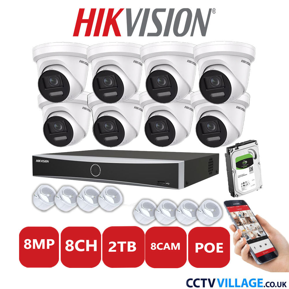 Hikvision 8MP IP CCTV System 8 Channel NVR-DS7608NXI-K1/8P with 8x Turret Cameras DS-2CD2387G2-LSU/SL White 2TB HDD Full Kit