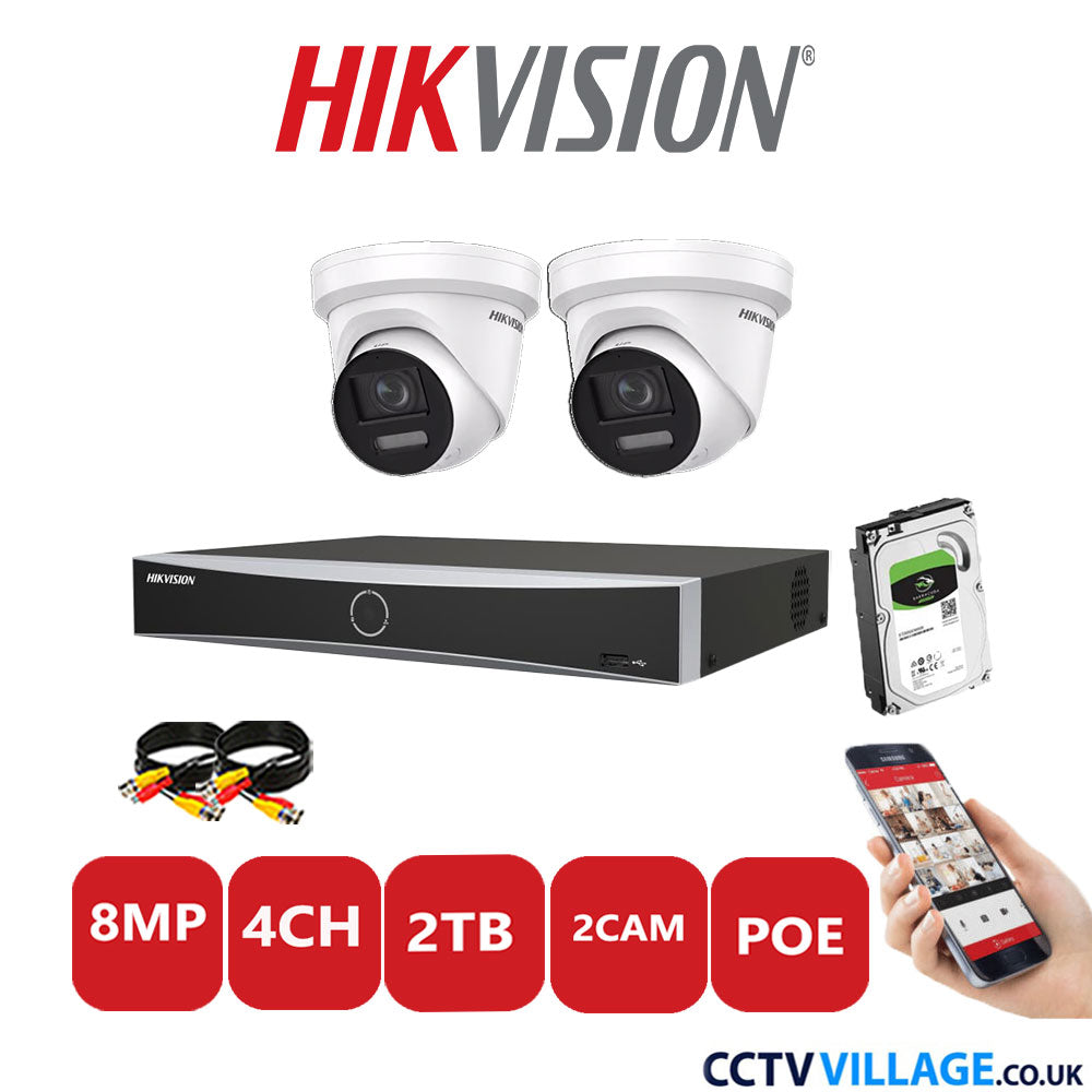 Hikvision 8MP IP CCTV Kit 4 Channel NVR-DS7604NXI-K1/4P with 2x Turret Cameras DS-2CD2387G2-LSU/SL White 2TB HDD Full Kit