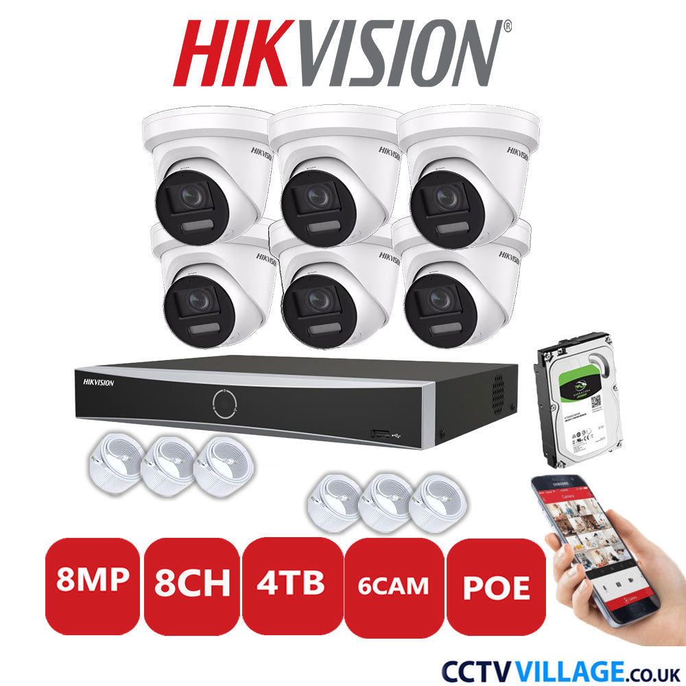 Hikvision 8MP IP CCTV System 8 Channel NVR-DS7608NXI-K1/8P with 6x Turret Cameras DS-2CD2387G2-LSU/SL White 4TB HDD Full Kit