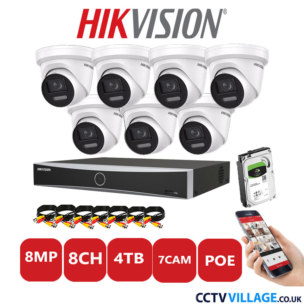 Hikvision 8MP IP CCTV System 8 Channel NVR-DS7608NXI-K1/8P with 7x Turret Cameras DS-2CD2387G2-LSU/SL White 4TB HDD Full Kit