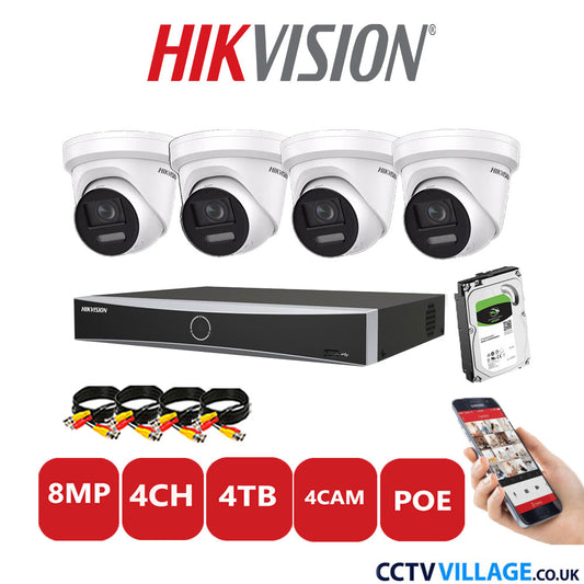 Hikvision 8MP IP CCTV Kit 4 Channel NVR-DS7604NXI-K1/4P with 4x Turret Cameras DS-2CD2387G2-LSU/SL White 4TB HDD Full Kit