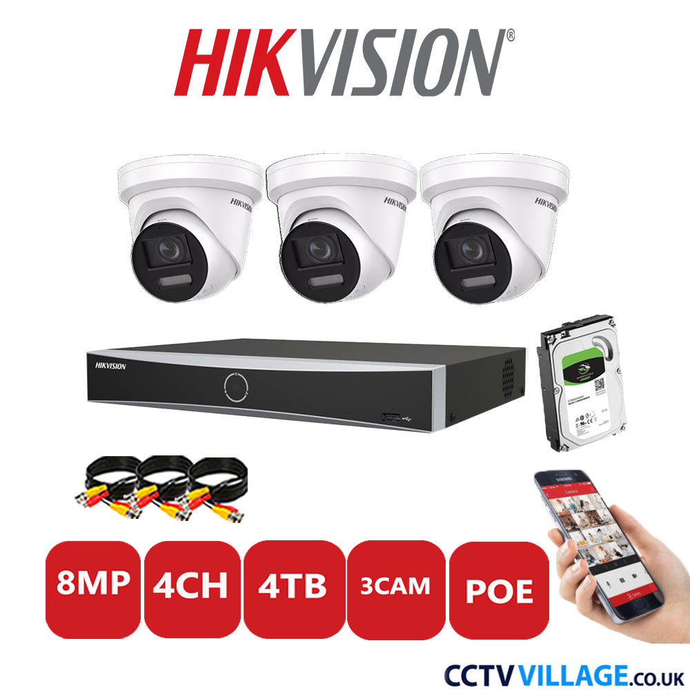 Hikvision 8MP IP CCTV Kit 4 Channel NVR-DS7604NXI-K1/4P with 3x Turret Cameras DS-2CD2387G2-LSU/SL White 4TB HDD Full Kit